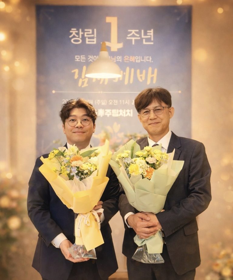 꽃다발을 든 두 목사님과 창립 1주년 감사예배 현수막